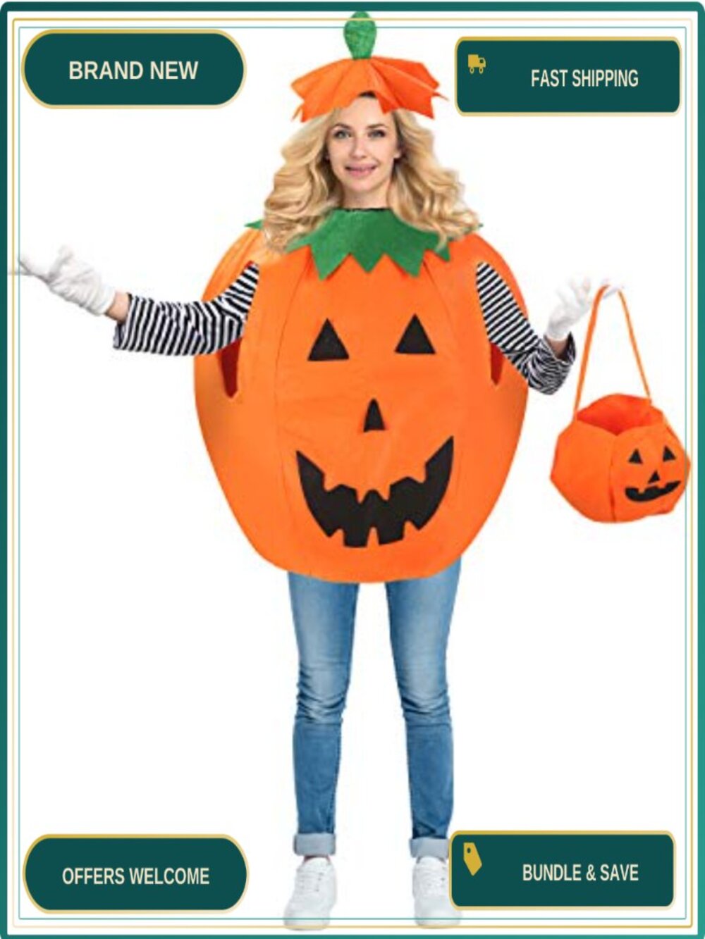 3Pc Halloween Pumpkin Costume Set Dress Hat Handbag Non-Woven Cosplay